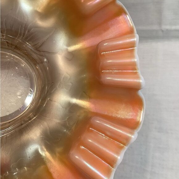 Carnival Glass Vintage Iridescent Ruffled Glass Bowl Floral Design Impressed - Picture 5 of 10
